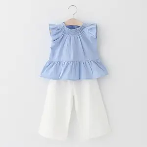 طقم بناتي أزرق + سروال أبيض للأطفال, طقم بناتي أزرق + سروال أبيض مناسب للصيف