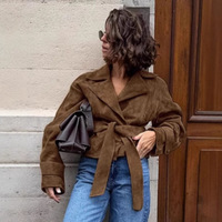 Manteau croisé en suède style enveloppant avec ceinture pour femme, collection automne/hiver 2025, marron vintage, veste cintrée à revers et col cranté