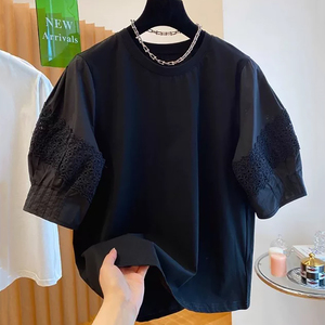 Boutique all'ingrosso 2025 estate nuova moda girocollo <span class=keywords><strong>in</strong></span> <span class=keywords><strong>pizzo</strong></span> manica a bolle t-shirt da donna allentata - Product Image 2