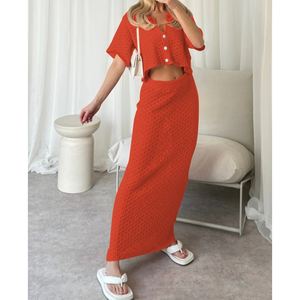 Completo in Maglia Lavorata a Uncinetto Cardigan Multicolore con Bottoni e Gonna Set Due Pezzi Moda Donna - Product Image 4