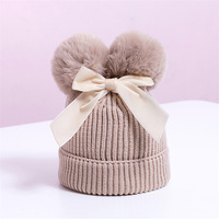 Bonnet tricoté pour bébé avec double pompon et nœud, épais et chaud, pour nourrissons et tout-petits, automne-hiver, casquette douce en crochet pour enfants