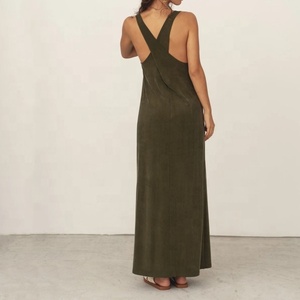 Nuova tendenza Custom Cupro tessuto Maxi abito sottile con spacco a U senza maniche <span class=keywords><strong>incrociato</strong></span> sul retro lungo abito da donna - Product Image 3