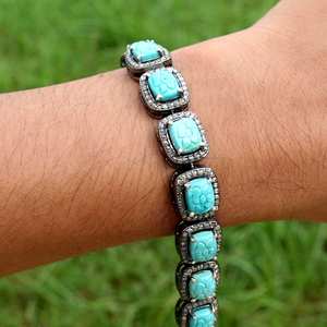 Pulsera de turquesa azul natural Pulseras de oro con diamantes 14K Oro Turquesa Diamante Compromiso Pulseras nupciales de oro - Product Image 3