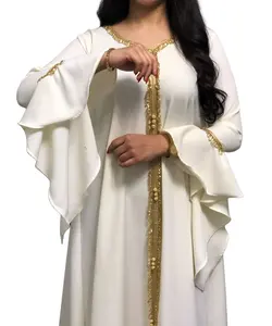 Thêu Hollow out Thiết Kế Màu Rắn Áo Dài Váy Bùng Tay Áo Trung Đông Malay Ả Rập Hồi Giáo Phụ Nữ