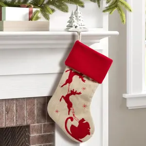个性化红色袖口乡村风格驯鹿黄麻面料粗麻布圣诞袜