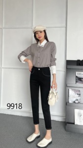 <span class=keywords><strong>Jean</strong></span> en denim extensible noir <span class=keywords><strong>taille</strong></span> haute pour <span class=keywords><strong>femme</strong></span>, coupe courte, anti-plis, style streetwear décontracté, pour silhouettes généreuses, avec logo personnalisable - Product Image 5