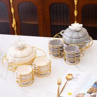 Grand ensemble de marmites à soupe en céramique motif floral citrouille, à double poignée, motif végétal sculpté à la main, style luxe léger vintage, avec support doré