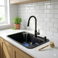 Évier de cuisine à cuve unique noir en acier inoxydable brossé, surface en granit composite, avec robinet, 31 pouces (79 cm) - 31*19*9 po