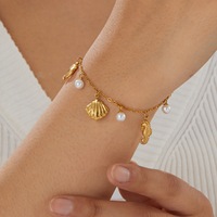 Pulsera de Acero Inoxidable Chapada en Oro de 18k con Colgante de Perla, Concha y Caballito de Mar, Estilo Vacaciones en la Playa, Joyería Impermeable TGSL5683