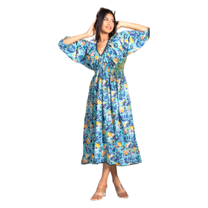 Flower Print Sea Green <b>Dress</b> For Women With Gathered V Neck Puffed Sleeves And <b>Elasticated</b> Waist For Stylish Casual Fashion Wear - Product Image 1