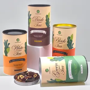 Lata de papel biodegradável para embalagem de chá solta, embalagem de papelão redondo com logotipo personalizado, papelão premium, folhas de chá