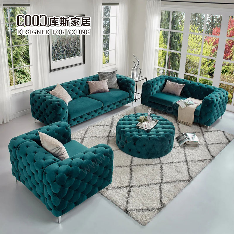 Sofá Chesterfield de terciopelo verde al por mayor, sofá de tela de lujo moderno, conjunto de sofá para el hogar, muebles para sala de estar