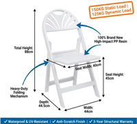 Chaise pliante d'extérieur en résine plastique blanche, facile à transporter, avec dossier éventail, écologique et imperméable, idéale pour la location événementielle et les jardins.
