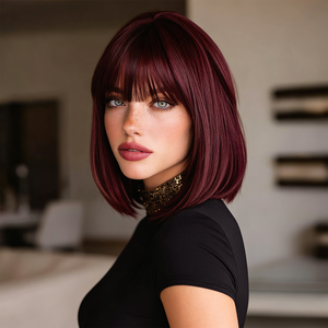 วิกผมแฟชั่นสำหรับผู้<span class=keywords><strong>หญิง</strong></span> สีน้ำตาลแดง <span class=keywords><strong>ผม</strong></span><span class=keywords><strong>สั้น</strong></span>ตรง มี<span class=keywords><strong>หน้าม้า</strong></span>  พร้อมส่งในวันเดียวกัน-H99 - Product Image 5