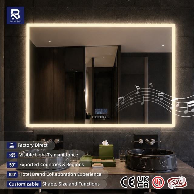 Factory Direct Smart LED Bath Mirror with Time Temp Display Bluetooth Speaker Anti-Fog Dimmable Illuminated Vanity Defog Mirror