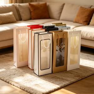 Sac fourre-tout de luxe en papier kraft avec fenêtre longue et transparente pour bouteille de vin unique – Emballage cadeau - Product Image 3