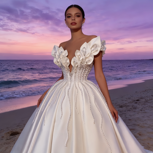 プラスサイズのフランスのオートクチュールウェディングドレス |   深いVネックと3Dフラワーが特徴のカテドラルトレインガウン - Product Image 3