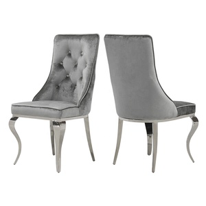 Silla tapizada francesa personalizada para comedor, patas de Metal de acero plateado, color <span class=keywords><strong>gris</strong></span> <span class=keywords><strong>oscuro</strong></span>, acolchada, de tela de terciopelo triturada, para comedor - Product Image 1