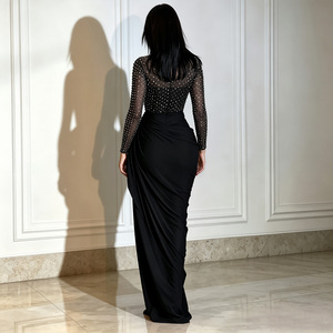 CX7793 Mock Neck Rhinestone Mesh <strong>Long</strong> <strong>Sleeve</strong> Evening Gown Draped Ruched <strong>Bodycon</strong> Maxi <strong>Dress</strong> Dubai Arabic Party Formal <strong>Dress</strong> - Product Image 3