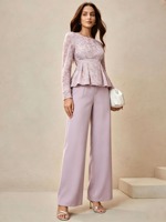 RO9281 Ensemble de vêtements islamiques élégants pour l'automne, couleur unie, dentelle, manches longues, chemisier à volants, pantalon ample, tenue modeste pour femmes, ensemble de fête ou de bureau