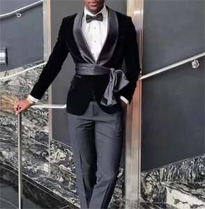 Trajes formales de terciopelo negro ajustados para hombre con cinturón chal solapa traje Homme boda esmoquin <span class=keywords><strong>Terno</strong></span> Masculino Blazeruit - Product Image 1