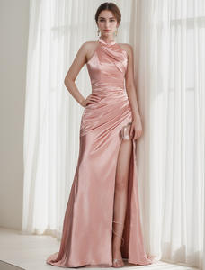 2024 özel şampanya saten zarif ünlü pileli elbise resmi durum seksi yüksek bölünmüş kadın yemeği akşam elbise - Product Image 3