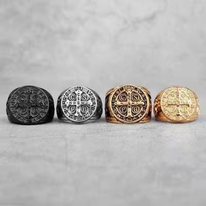 Anello da Uomo <span class=keywords><strong>San</strong></span> Benedetto in Acciaio Inossidabile, Anello Sigillo Robusto e Resistente, Anello di Protezione con Croce Romana Cattolica - Product Image 2