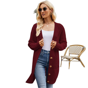 Suéter Largo Holgado Personalizado, Estilo Cárdigan <span class=keywords><strong>de</strong></span> Punto Trenzado, Color Sólido, Cuello en V, para Mujer, Colección Otoño Invierno - Product Image 1