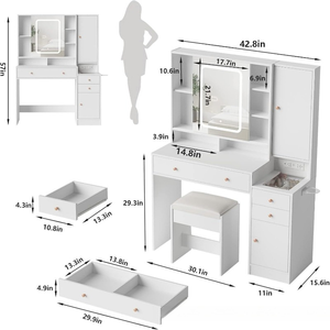 <span class=keywords><strong>Commode</strong></span> <span class=keywords><strong>contemporaine</strong></span> en panneaux de particules blancs avec miroir LED réglable et tabouret – Meuble de chambre durable et écologique pour usage hôtelier - Product Image 5