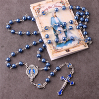 Vente en Gros de Bijoux Religieux Faits à la Main, Chapelet Catholique Vierge Marie avec Chaîne, Perles de Verre Bleues Nacrées 6mm, Rosaire, Colliers pour Femmes