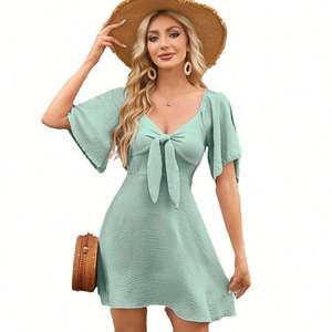 2025 Offre Spéciale femmes décontracté col en v nœud papillon Mini robe européenne américaine à manches courtes été plaine teint robe pour les femmes - Product Image 2