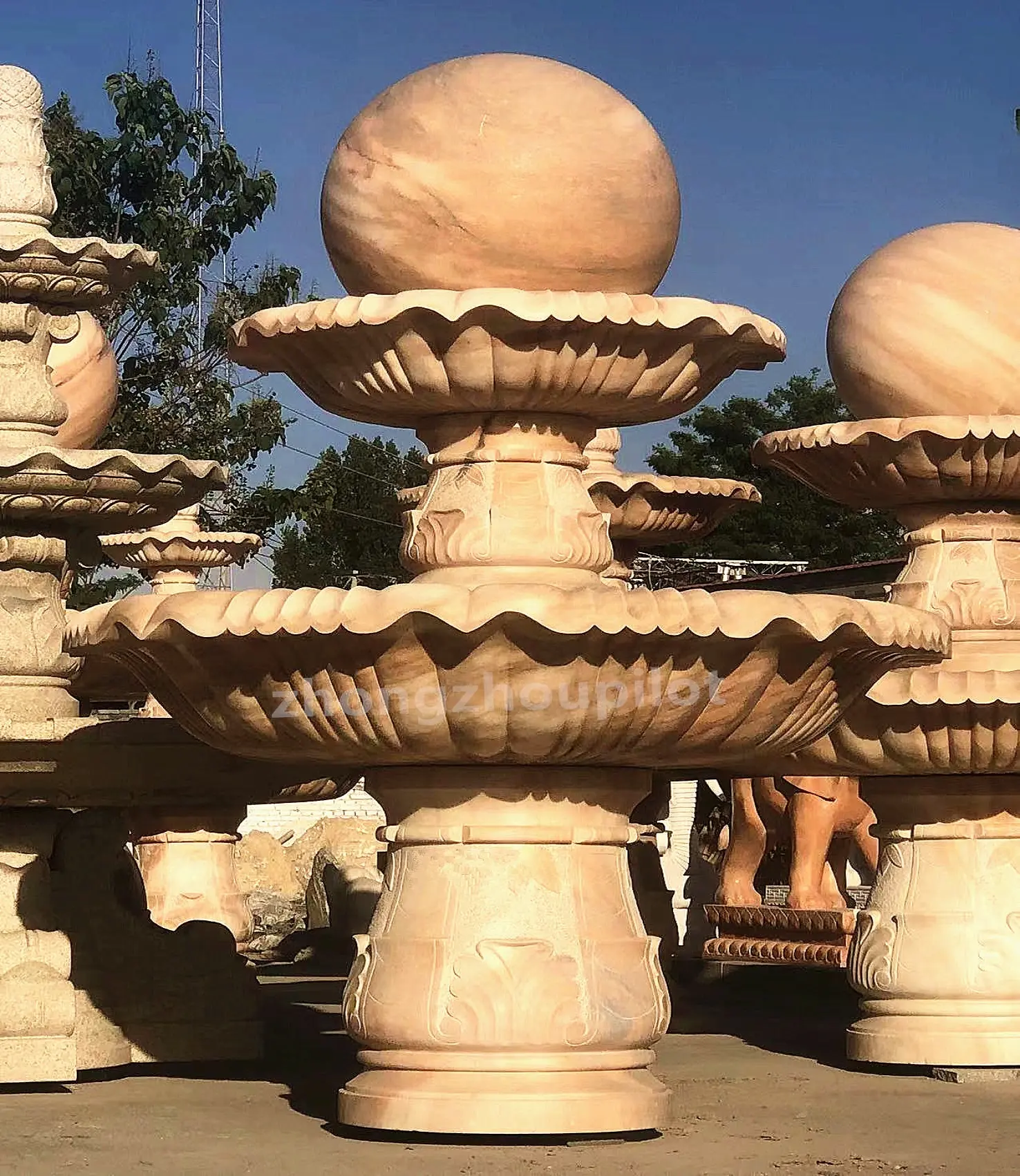 Fonte de mármore externa, decoração de pedra do jardim, fonte de água com escultura de bola giratória para venda