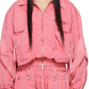 Lo último en ropa de mujer, chaqueta bomber con hombros caídos y adornos de satén con cremallera rosa, chaqueta cargo con logotipo bordado con forro de satén acolchado