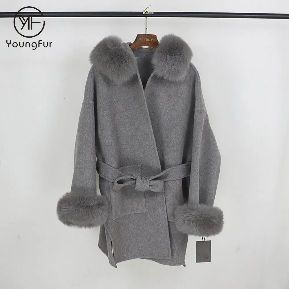 Wholesale Winter Trench Long Wool Coat Women with Fox fur Collar Oversized Woman Wool Coats and Jackets with Hood