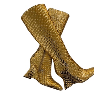 Gold Braided Strange Heels Shoes Women's Knee High Boots Fashion Pointed Toe Wedge Shaped Heel <b>Long</b> Booties Wide Fit Top - Product Image 5