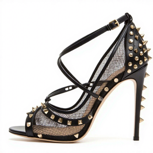 Xinzirain Custom Logo Sexy a rete nera sandali rivettati con <span class=keywords><strong>tacco</strong></span> alto da donna <span class=keywords><strong>scarpe</strong></span> singole con bocca di pesce nudo - Product Image 1