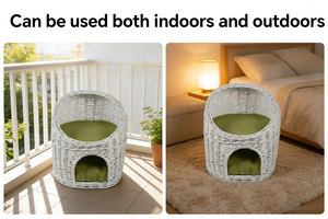 Cama Redonda Moderna para Gatos <span class=keywords><strong>de</strong></span> Mimbre Blanco con Cojín Verde Suave Extraíble - Cesta <span class=keywords><strong>de</strong></span> Ratán Resistente para que el Gato Duera Cómodamente en la Caja - Product Image 5