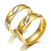 Bagues de couple bicolores en acier inoxydable avec zircon incrusté et texture incurvée, pour mariage et fiançailles