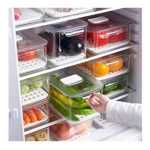 Plastic Clear Stackable Ventilation Slide Cover Fridge Organizer Bin With Drain Tray