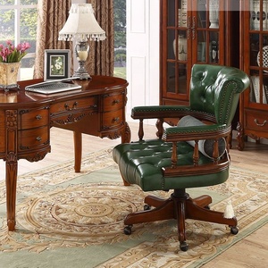 Poltrona Girevole in Vera Pelle Stile Americano-Europeo con Base in Legno e Ruote per Casa e <span class=keywords><strong>Ufficio</strong></span> - Product Image 5