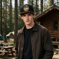 Casquette en sergé bicolore avec logo personnalisé, patch imprimé motif aventure en montagne, visière réglable pour l'extérieur, casquette snapback ajustable