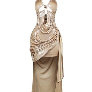 Nuevo Vestido Maxi Metálico Color Champán para Mujer, Cuello Halter, Cintura Natural con Encaje, Diseño Drapeado y Recortes, Estilo Casual Diario - Product Image 5