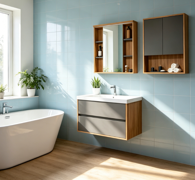Floating Bathroom Vanity with LED Mirror Cabinet, Oak & Grey Finish, Wall Mounted
