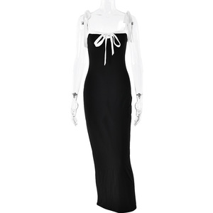 Robe de soirée longue sans manches, col à nœud, couleur contrastante, coupe ajustée, taille naturelle, moulante aux hanches, respirante, origine Yiwu - Product Image 5