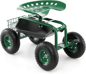Carrito de Jardín Metálico Resistente con Asiento Giratorio, Bandeja para Herramientas y Cesta, 4 Ruedas para Jardinería y Cuidado del Césped - Product Image 1