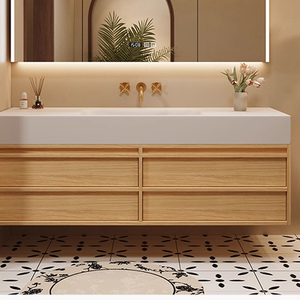 Meuble-lavabo de salle de bain flottant moderne avec lavabo et miroir LED intégré, lavabo intégré pour appartement - Product Image 3