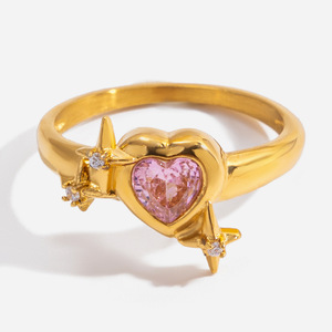 Anillo de circonita en forma de corazón con diseño de estrella para mujer, regalo, joyería, engaste de púas, tono dorado - Product Image 1
