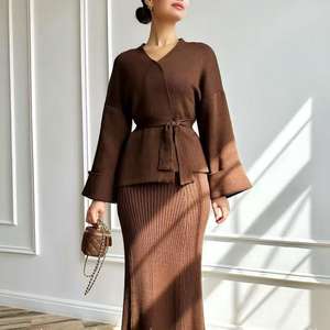 Conjunto de Dos Piezas de Suéter Elegante para Mujer de Otoño/Invierno, Cárdigan de Punto con Cuello en V y Mangas Anchas, <span class=keywords><strong>Falda</strong></span> Larga Ajustada a <span class=keywords><strong>Media</strong></span> Pierna - Product Image 1