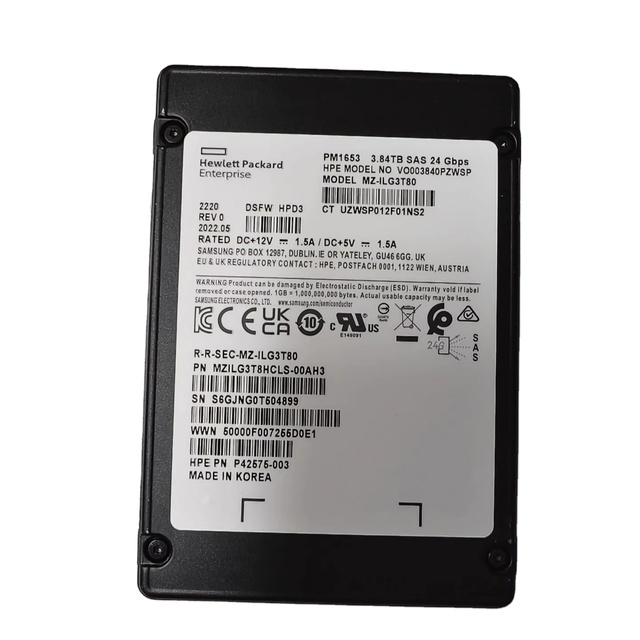 P42575-003 3.84TB Solid State Drive PM1653 24Gbps SAS VO00384PZWSP SSD MZILG3T8HCLS-00AH3