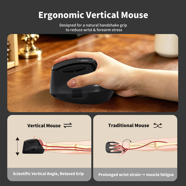 Ergonomic Vertical Mouse with Three Modes, Wireless, Double Roller Design, Rechargeable, LED Display for PC, Laptop, Home Office